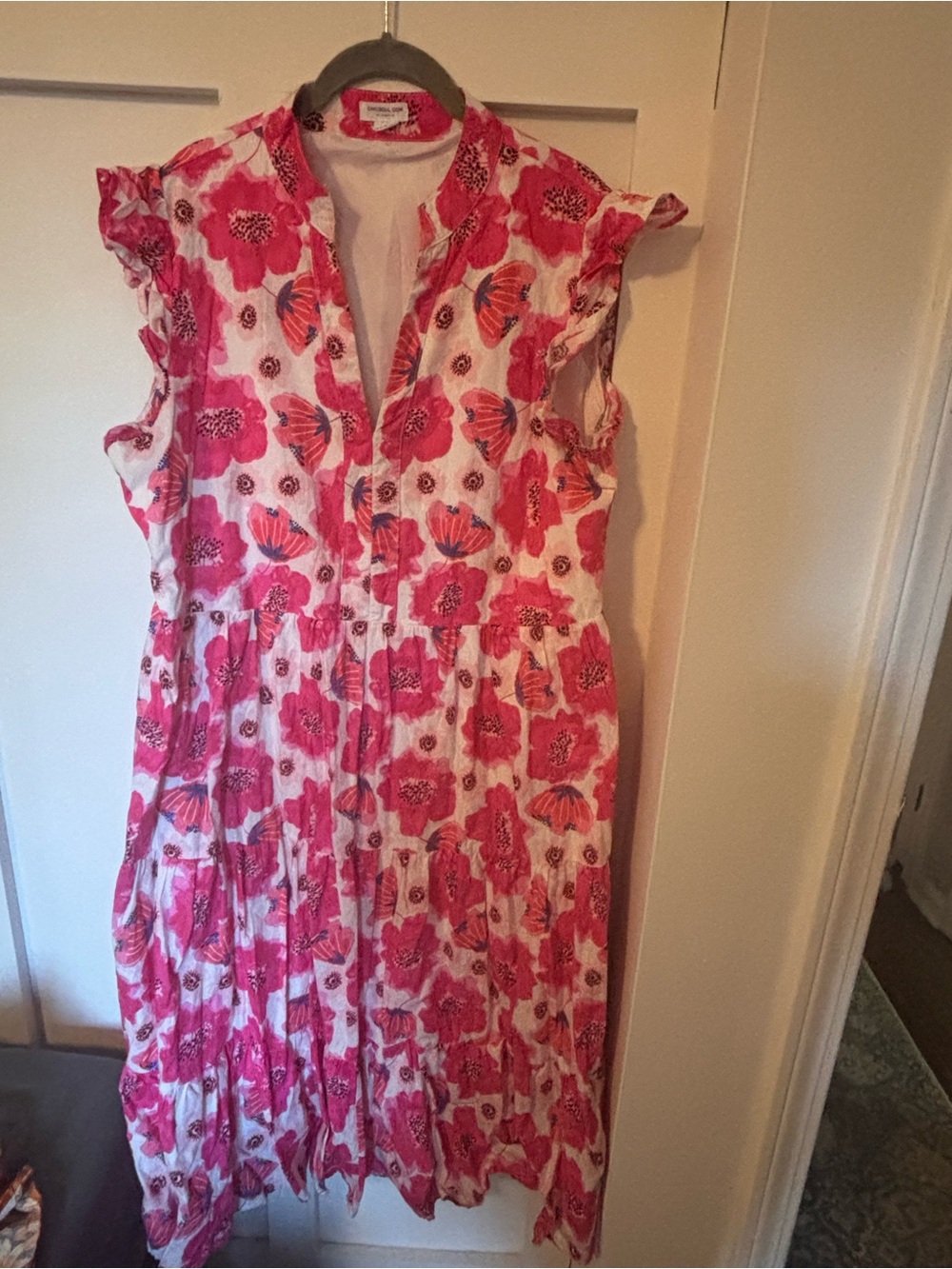 Chic Soul 1X Pink Floral Tiered Midi Dress Ruffle Sleeve